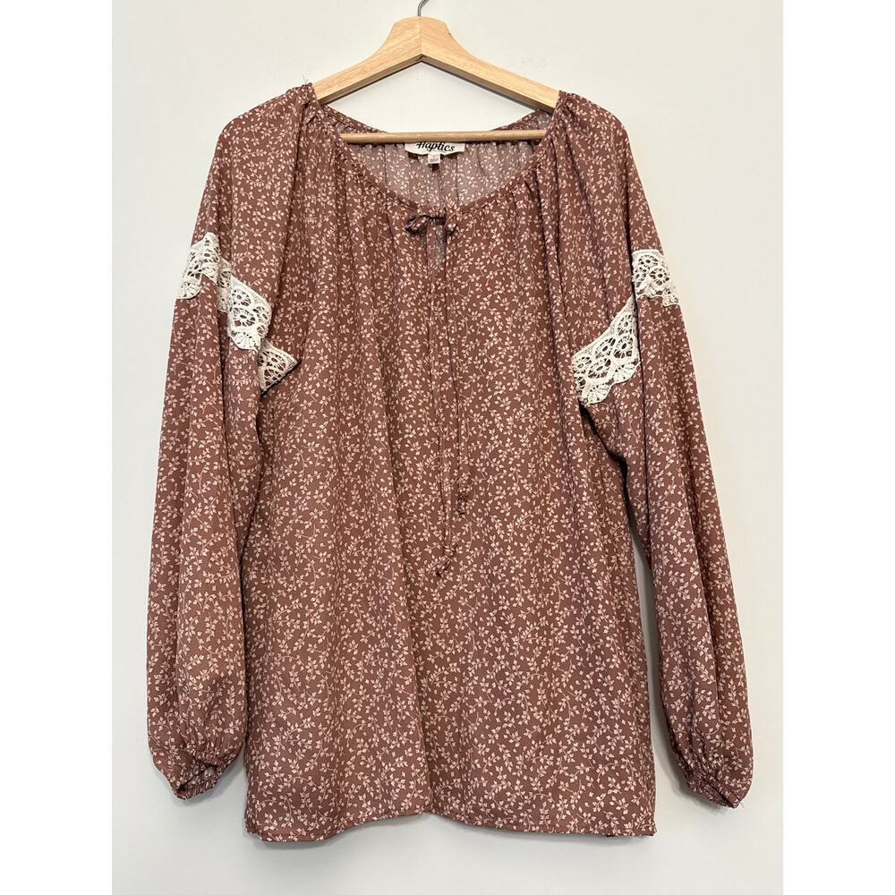 Haptics Blouse Women Large Mauve Floral Lace Trim Long Sleeve - Picture 2 of 4